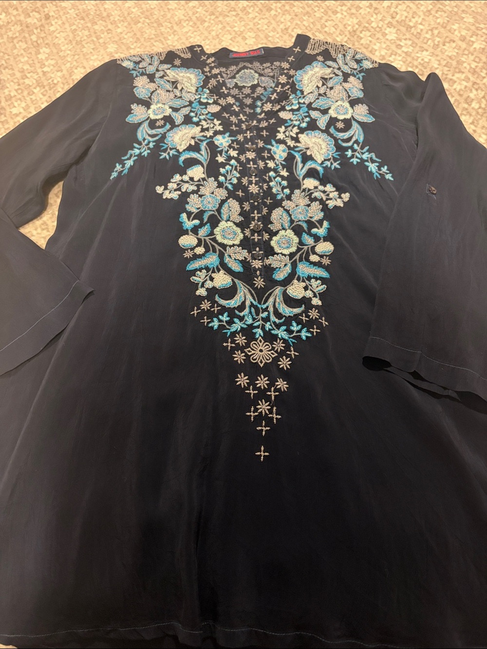 Johnny Was Navy Embroidered Floral V-Neck Tunic